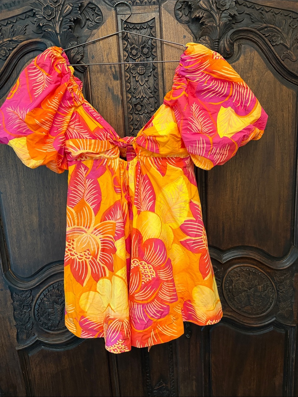 Farm Rio Ombré  Mini Dress Garden Puff Sleeve Orange Yellow Tie Back Bohemian L - Picture 3 of 6